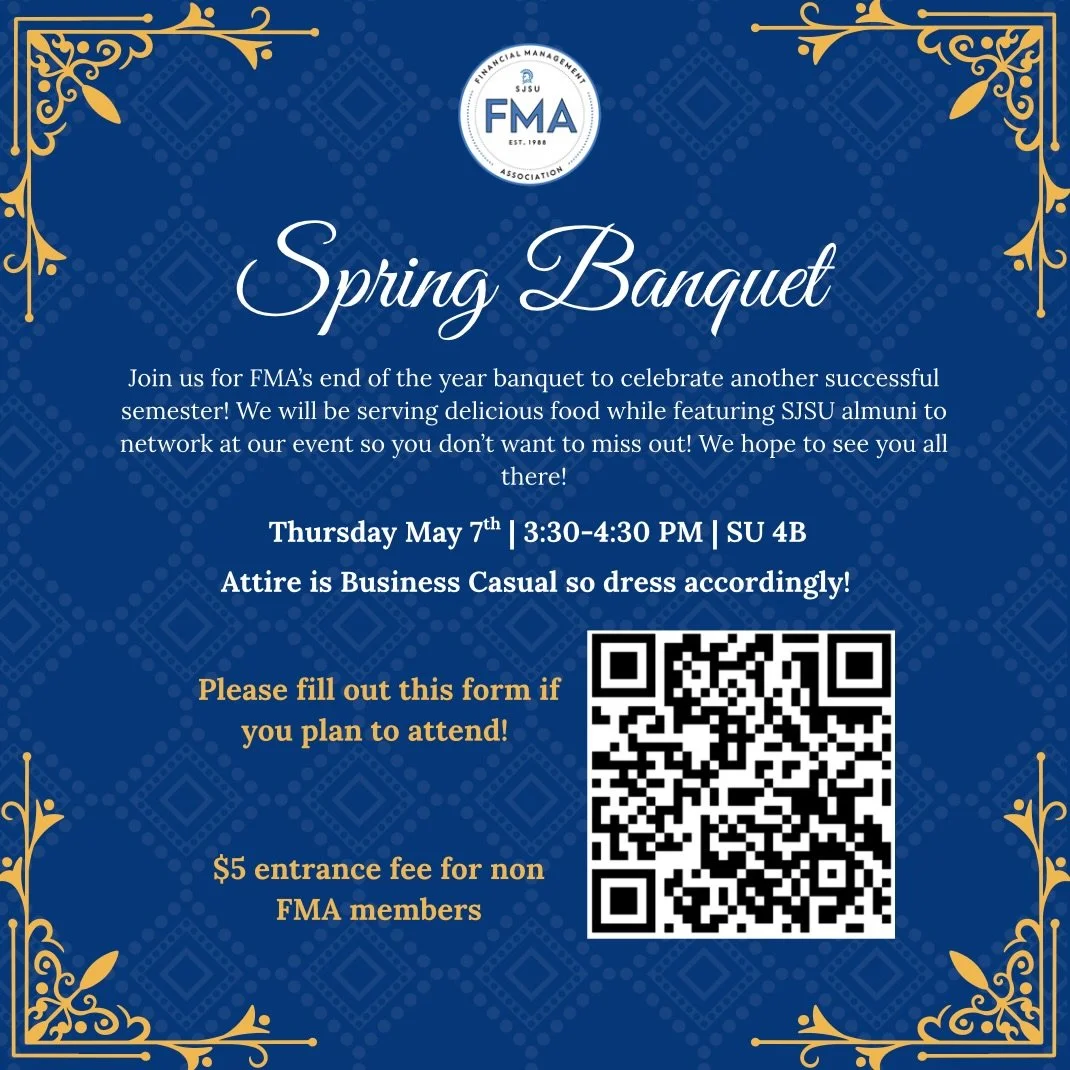 Hey FMAers! Join us for our last event of the school year as we celebrate our Spring semester! You will have the opportunity to connect with other FMA members and alumni while enjoying delicious food. Be sure to scan the QR code and fill it out if yo