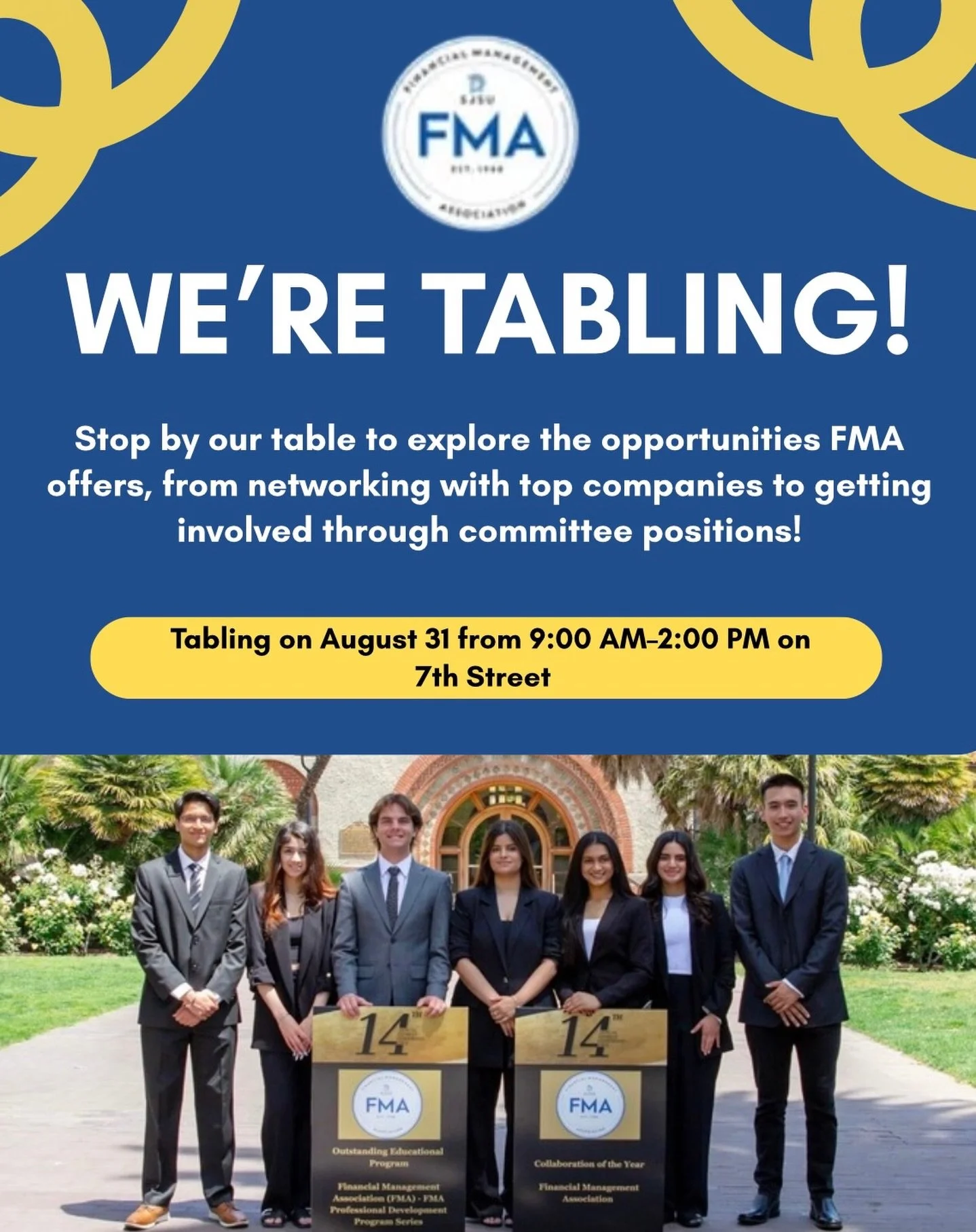 Hey FMAers! We are so excited to kick off the fall semester and we hope you are too! We will tabling on August 31st, so stop by to learn more about FMA and how you can become a member. Keep an eye out for information about our orientation coming soon