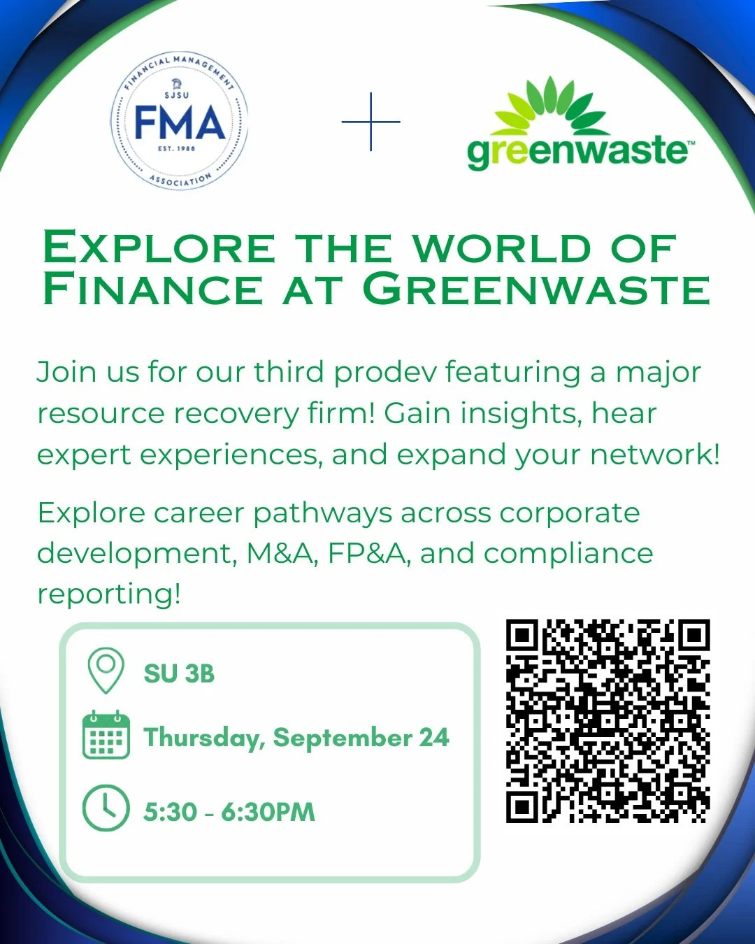 Finance meets sustainability. ♻️

Join FMA for our third Professional Development event of the semester, featuring GreenWaste!

Get an inside look at the finance behind a major resource recovery company and hear directly from professionals working ac