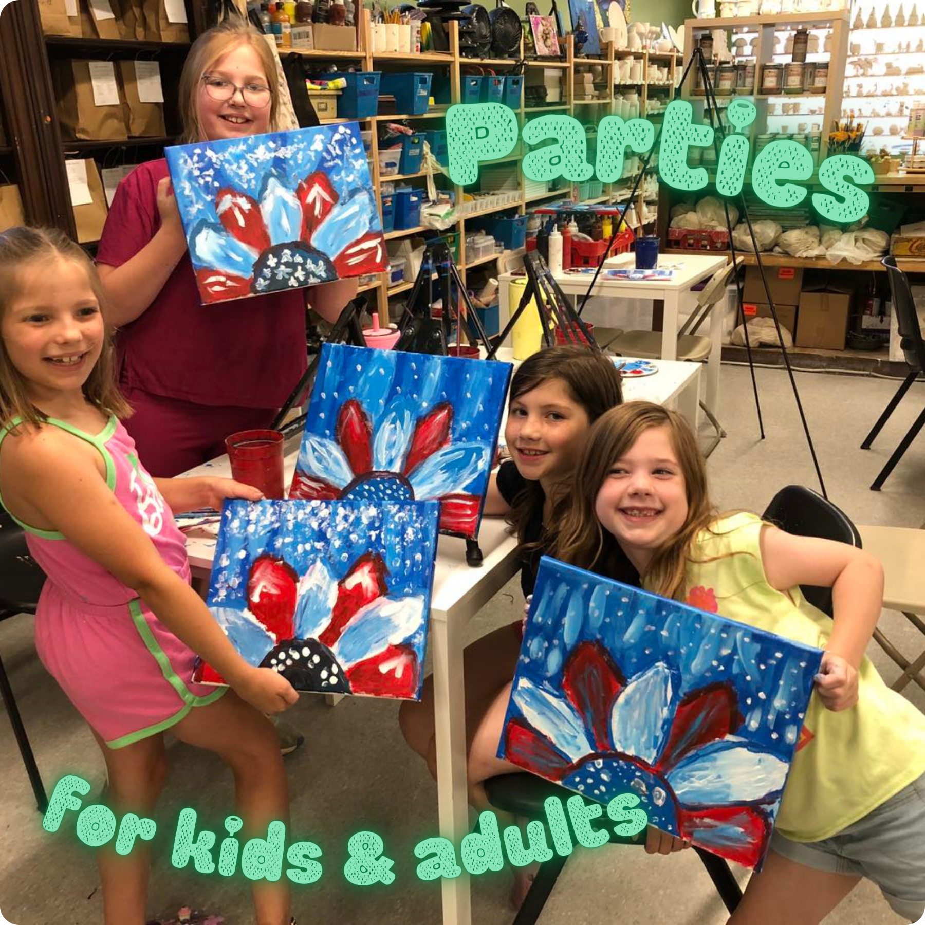 A group of children with painted canvases at an art workshop in a craft store. One girl in a red shirt and glasses holds her painting of a red, white, and blue design with bunny ears. Other children are smiling, with supplies and shelves in the background. The text 'Parties for kids & adults' is overlaid on the image.