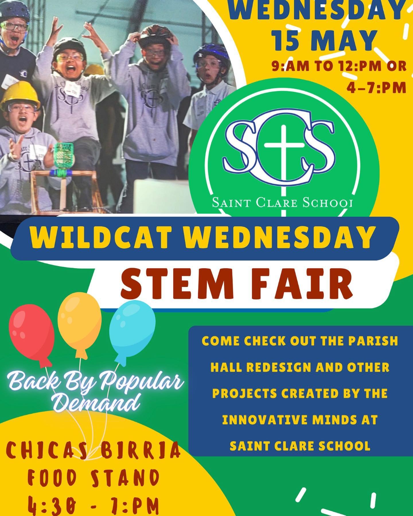Come Join Us for Our Annual Stem Fair! 
🧫🧬🔬🔭🥼🧪
Wednesday, May 15th from 9am-12noon and 4pm-7pm. 

Don&rsquo;t worry about dinner as we will also have Chicas Birrias back for you to purchase tacos 🌮 from too!!

#dsjcatholicschools #dsj #catholi