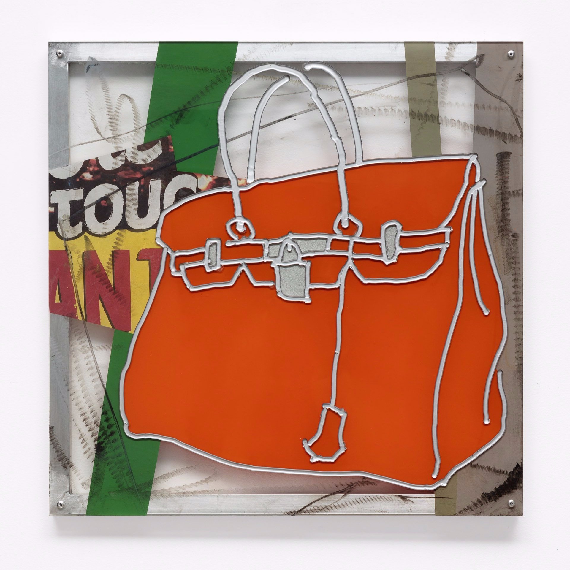  Joe Fleming, Bag 1, 2023, enamel on polycarbonate with collage, 24” x 24” 