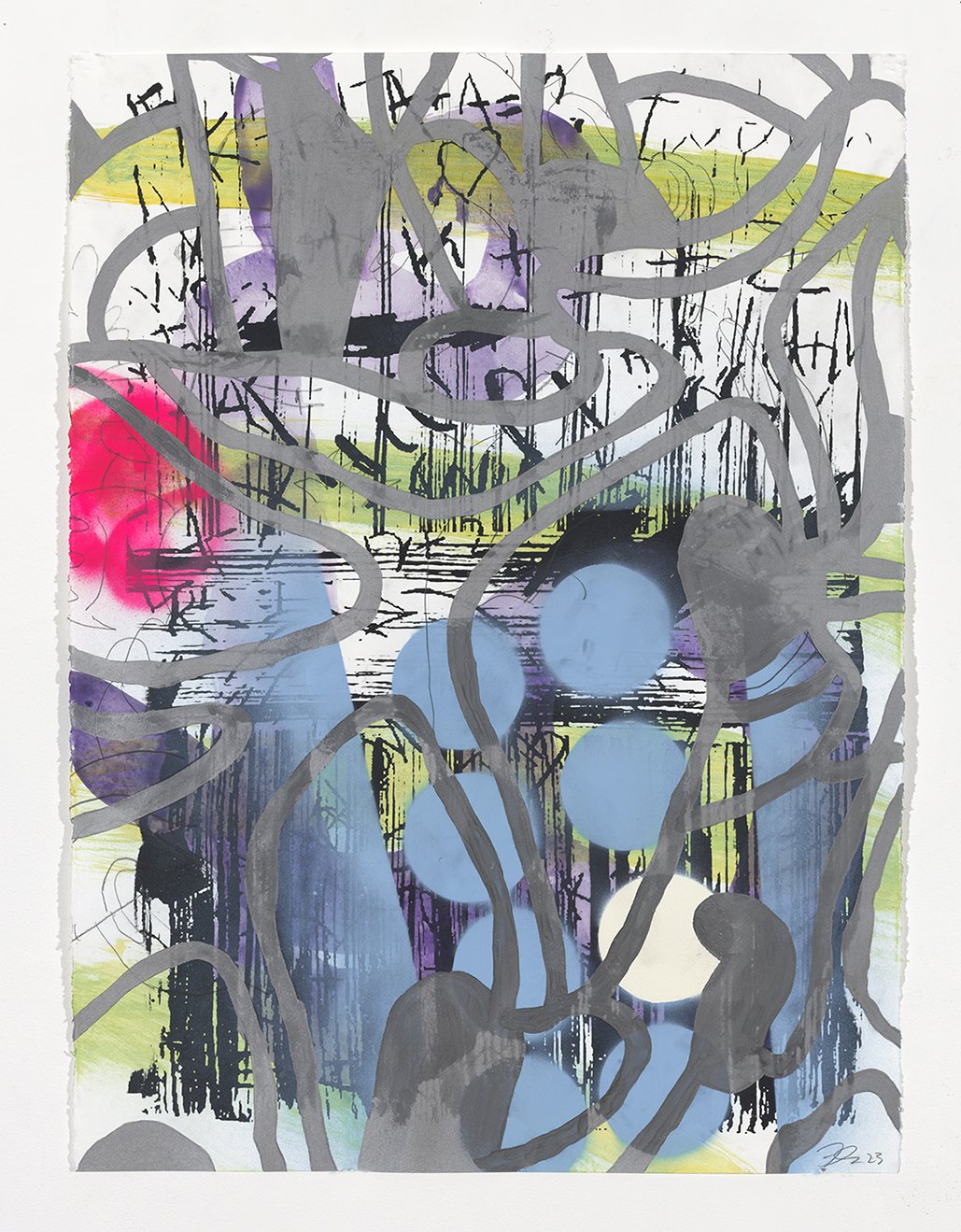  Joe Fleming, Untitled, 2023, enamel, graphite and screen printing ink on paper, 30” x 22” 