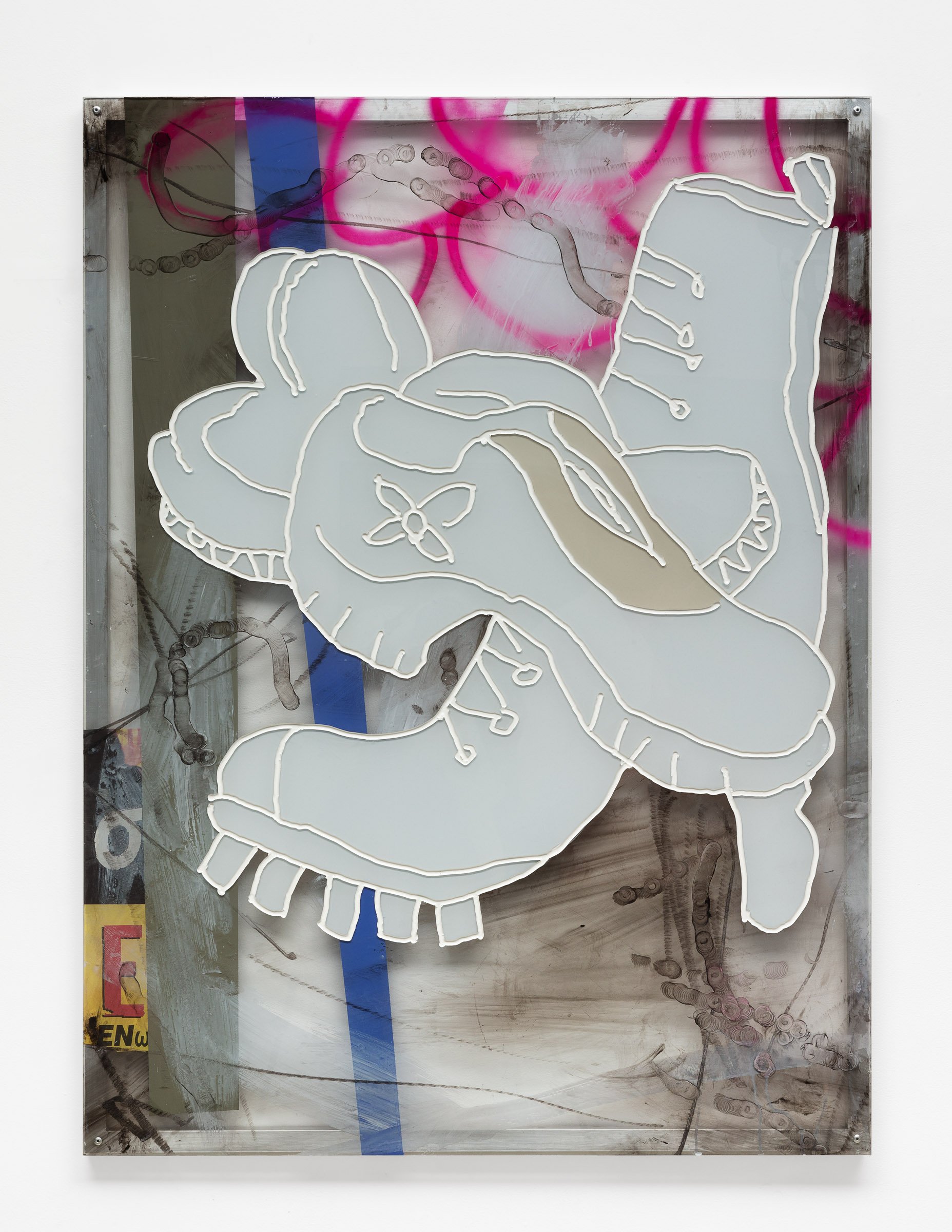  Joe Fleming, Shoes, 2023, enamel and collage on polycarbonate, 48” x 36” 