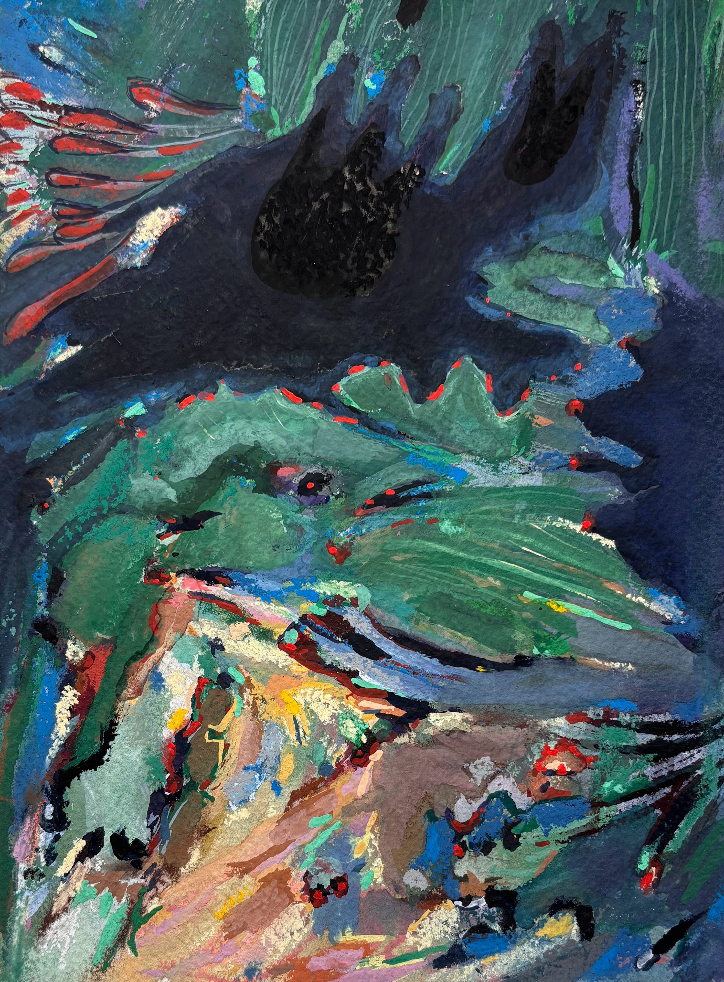 1, gouache, pastel, and acrylic on watercolor paper, mounted on wood, 7.5 x 5.5 inches