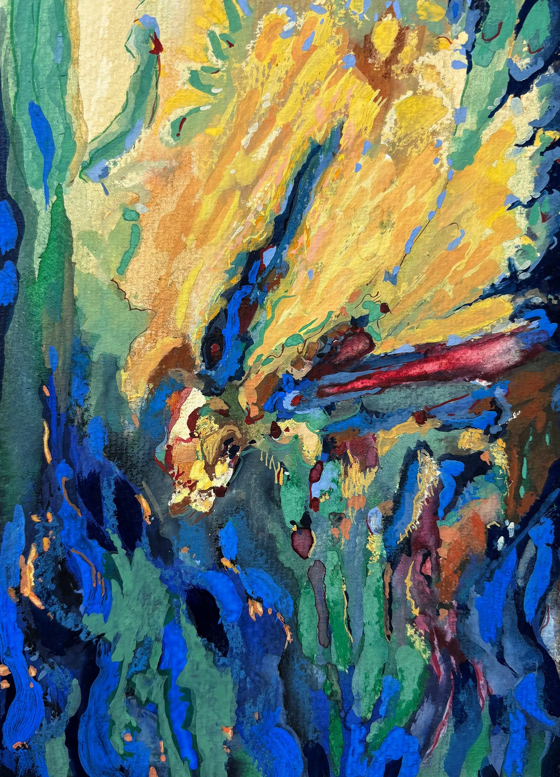 3, gouache, pastel, and acrylic on watercolor paper, mounted on wood, 7.5 x 5.5 inches