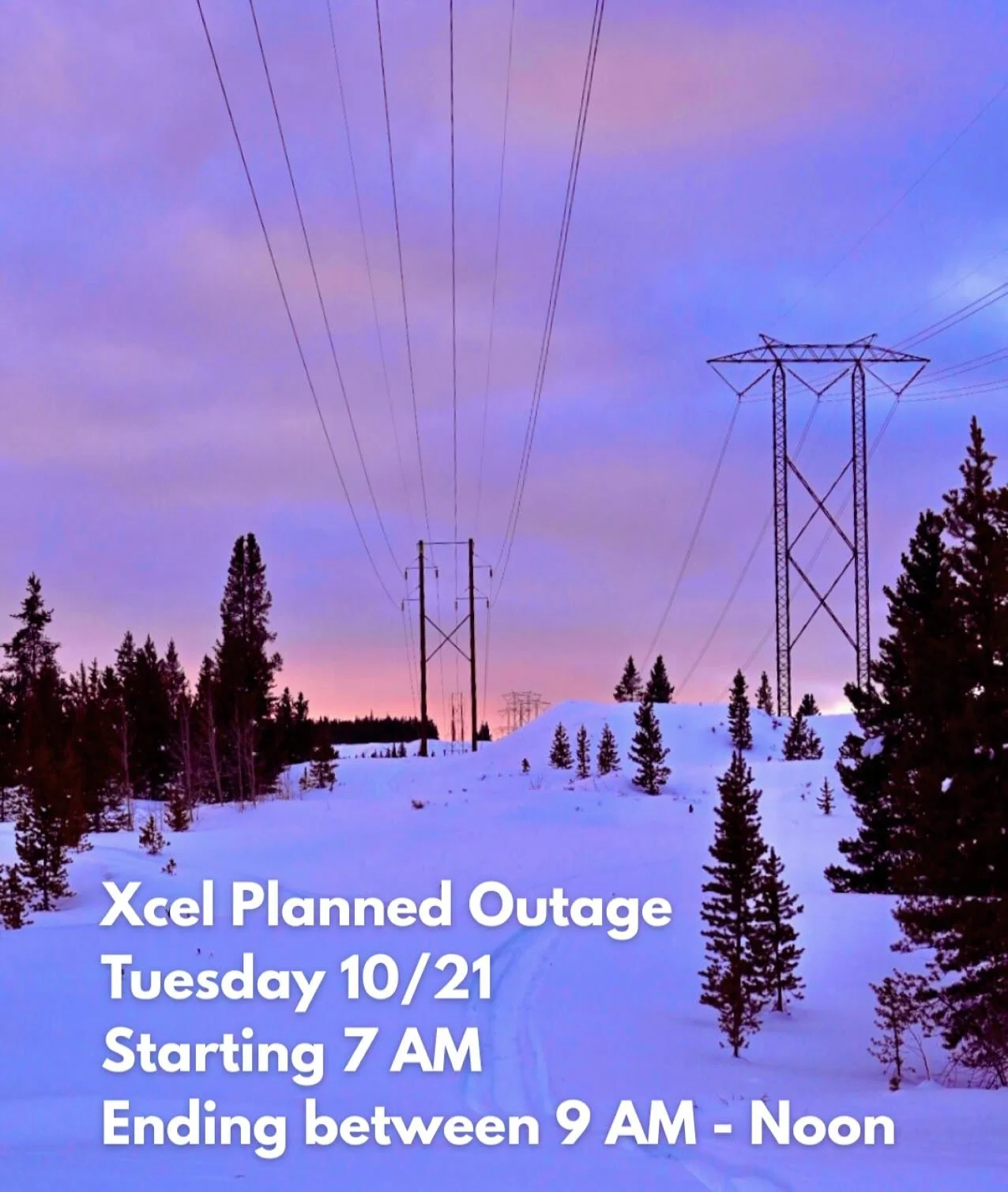 🔌🪫⚡️‼️Planned Power Outage - Tuesday October 21: Xcel Energy will conduct a planned power outage in the Leadville area on Tuesday, October 21, to perform emergency maintenance at the Leadville Substation.
From Lake County government: This work is