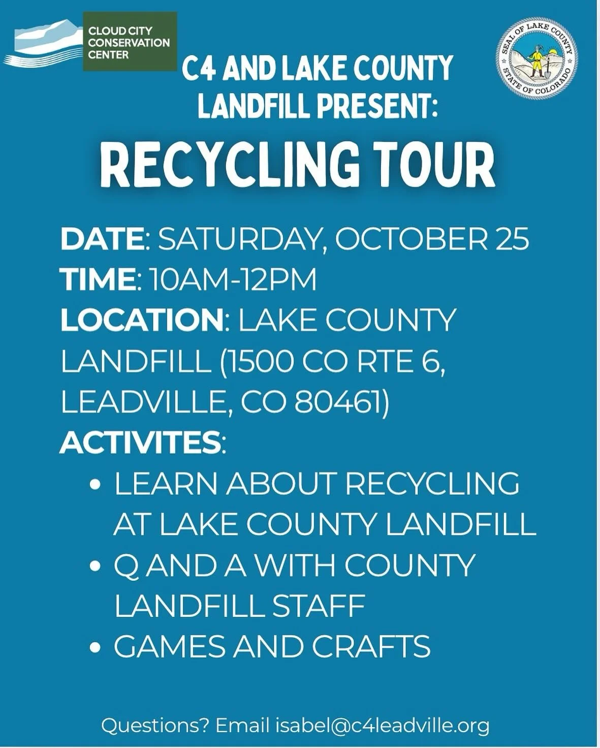 Join us this Saturday for a Lake County Recycling Center Tour 10am- 12:00pm to chat with Landfill staff and learn more about recycling in Lake County!