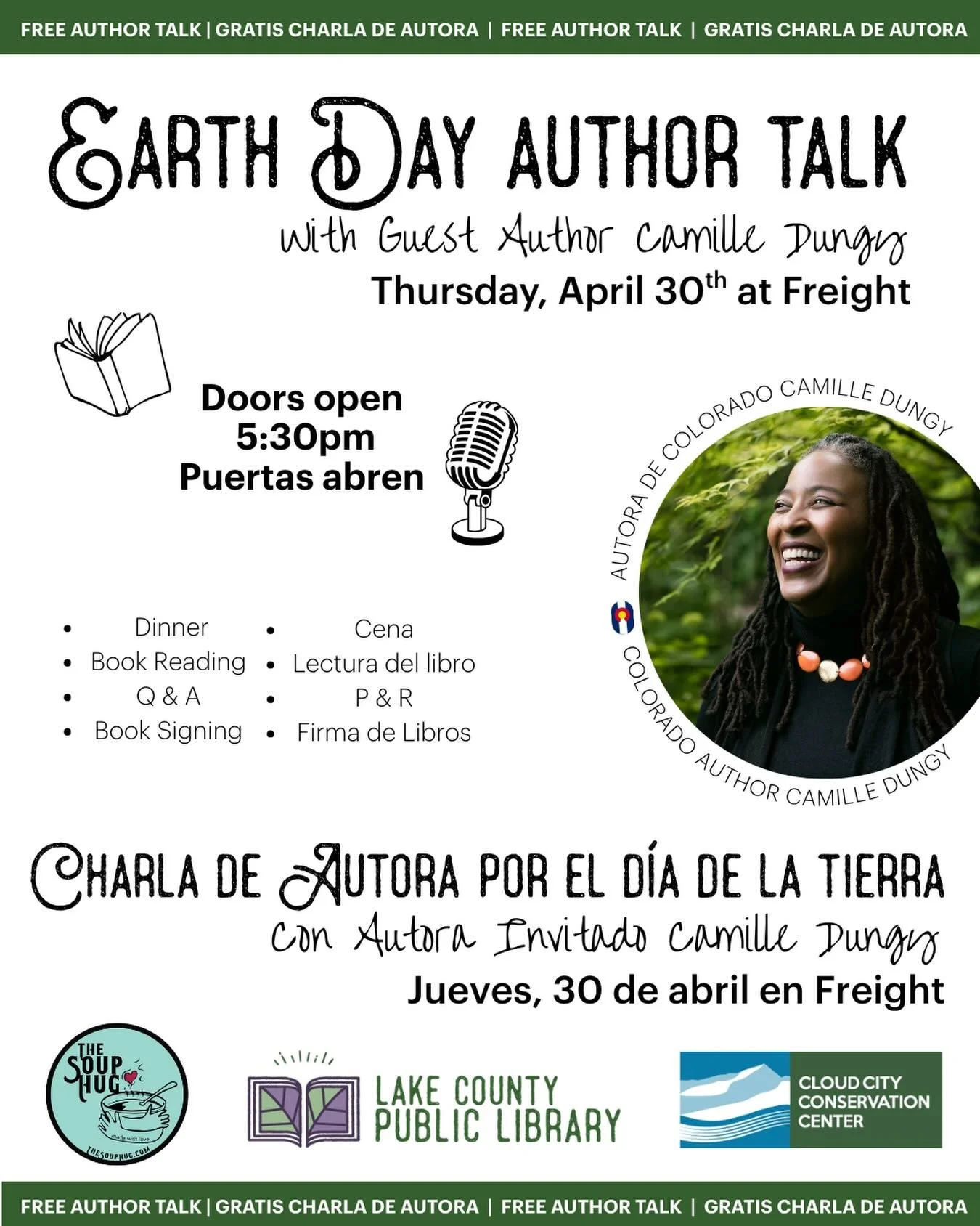 Reminder‼️📚Join us this Thursday April 30 at @freightevents for an evening with award-winning Colorado author @camilledungy! 😍
Come connect with community and get cozy with a free dinner courtesy of @thesouphug followed by a reading, Q&amp;A + book