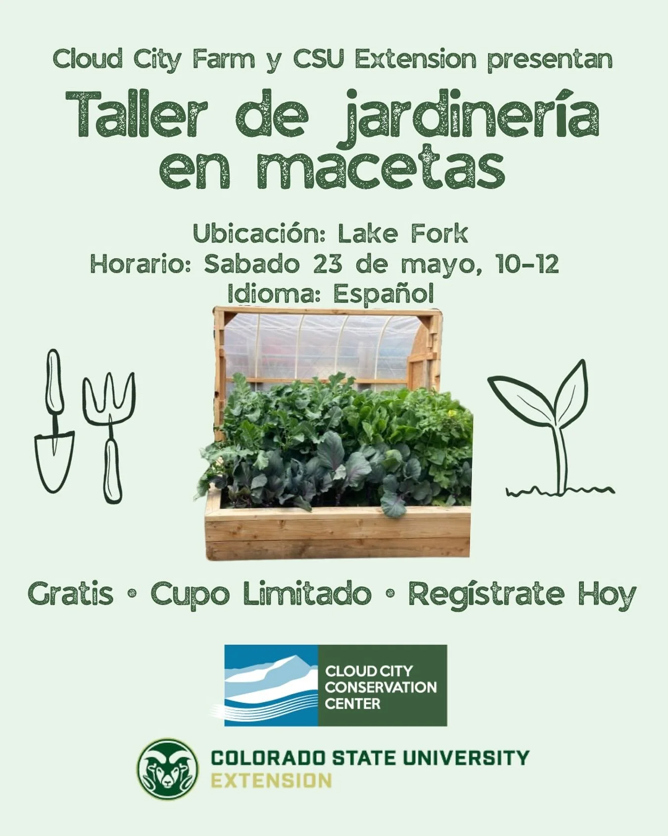 🌱 &iexcl;Ven a aprender a cultivar tu propia comida! 🌱

Cloud City Farm y CSU Extension te invitan a un Taller de jardiner&iacute;a en macetas &mdash; perfecto para empezar tu propio huerto, sin importar cu&aacute;nto espacio tengas.

📍 Ubicaci&oa