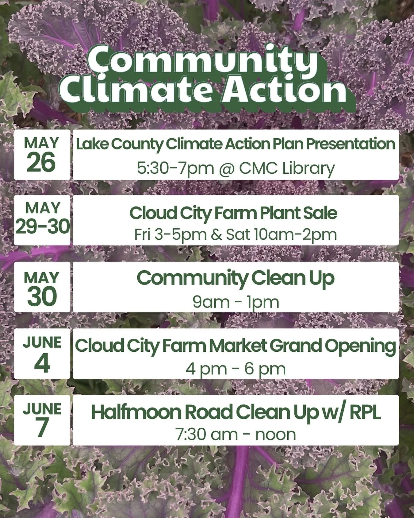 🌿 So much happening in Lake County this spring &mdash; and we want to see YOU there!

From climate planning to our annual community cleanup to locally grown plant starts, there are so many ways to get involved and show up for our community over the 