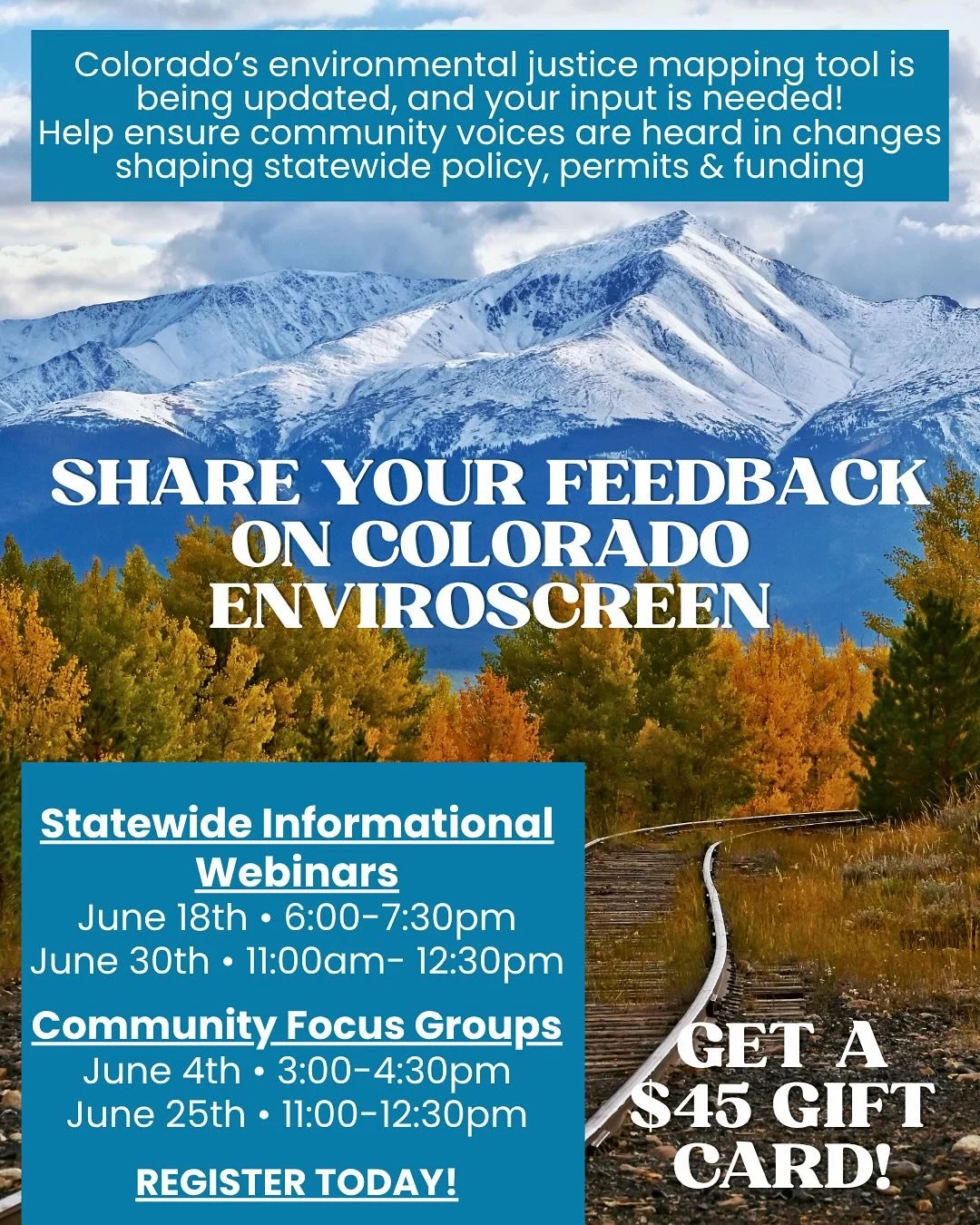 Colorado&rsquo;s environmental justice map (EnviroScreen) is getting an update &mdash; we want to make sure that rural voices are represented in the process. 🗺️ Join a free webinar or focus group, share your voice, and earn a $45 gift card. Register