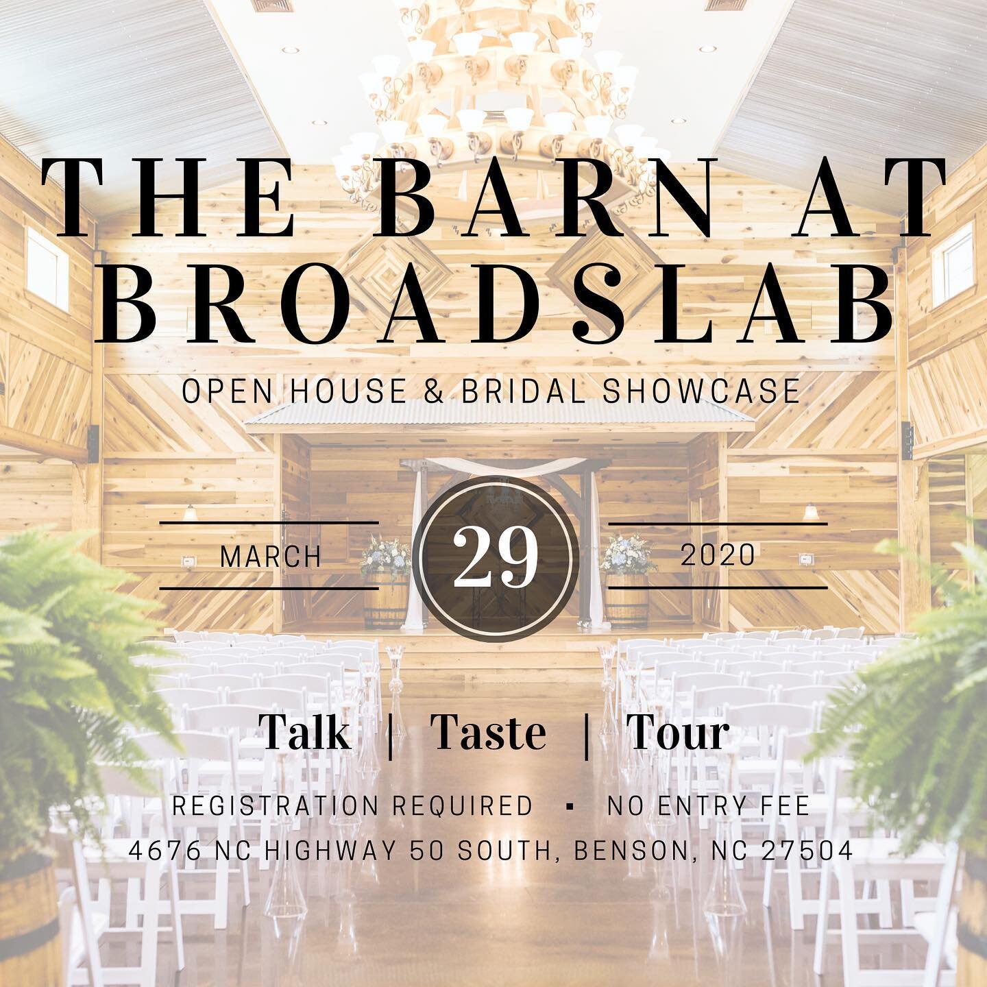 Brides - do you have plans March 29th? Come see us at The Barn At Broadslab Open House &amp; Bridal Showcase🍴register here 👉🏼 https://www.eventbrite.com/e/the-barn-at-broadslab-open-house-and-bridal-showcase-tickets-93438191145