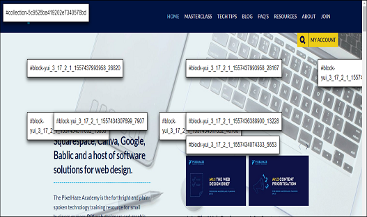 Squarespace Collection/Block Identifier, showing the Collection ID (top left) and Block ID’s