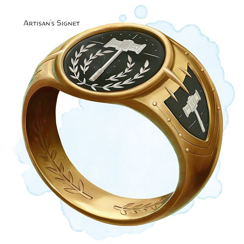 💍 𝗡𝗲𝘄 𝗶𝘁𝗲𝗺!
Artisan&rsquo;s Signet Ring, uncommon (requires attunement)
___

A symbol of an artisan&rsquo;s tool is emblazoned at the top of this golden signet. While wearing the ring, you gain a +2 bonus to any check you make with a set of a