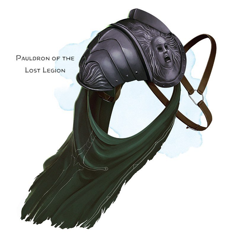 💎 𝗡𝗲𝘄 𝗶𝘁𝗲𝗺!
Pauldron of the Lost Legion Wondrous item, legendary (requires attunement)
___

This pauldron is made of mourningsteel, a metal sometimes found below ancient battlegrounds. A tattered capelet bearing a crest hangs from it.

You ga