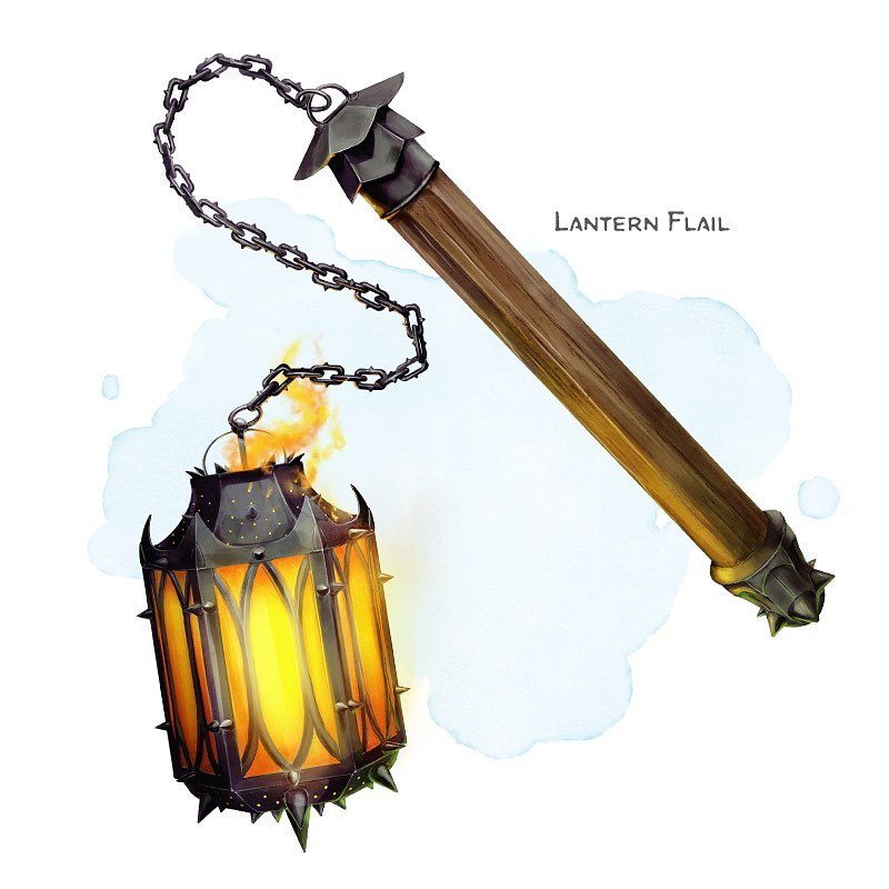 ⚔️ 𝗡𝗲𝘄 𝗶𝘁𝗲𝗺!
Lantern Flail Weapon (flail), rare (requires attunement)
___

A fiery lantern hangs at the end of the chain of this flail. You gain a +1 bonus to attack and damage rolls made with this magic weapon. While holding it, you can use a