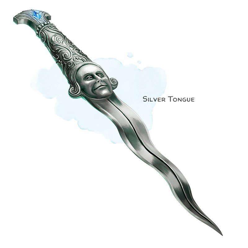 ⚔️ 𝗡𝗲𝘄 𝗶𝘁𝗲𝗺!
Silver Tongue Weapon (dagger), rare (requires attunement)
___

This solid silver dagger is embossed with a smiling face on its hilt. You gain a +2 bonus to attack and damage rolls made with this magic weapon. If the dagger is on y