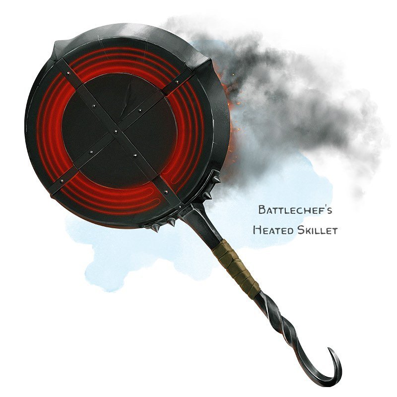 ⚔️ 𝗡𝗲𝘄 𝗶𝘁𝗲𝗺!
Battlechef&rsquo;s Heated Skillet Weapon (mace), rare
___

This iron skillet is magically light and wieldy in your grasp, allowing you to swing it as a weapon. You gain a +1 bonus to attack and damage rolls made with this magic we