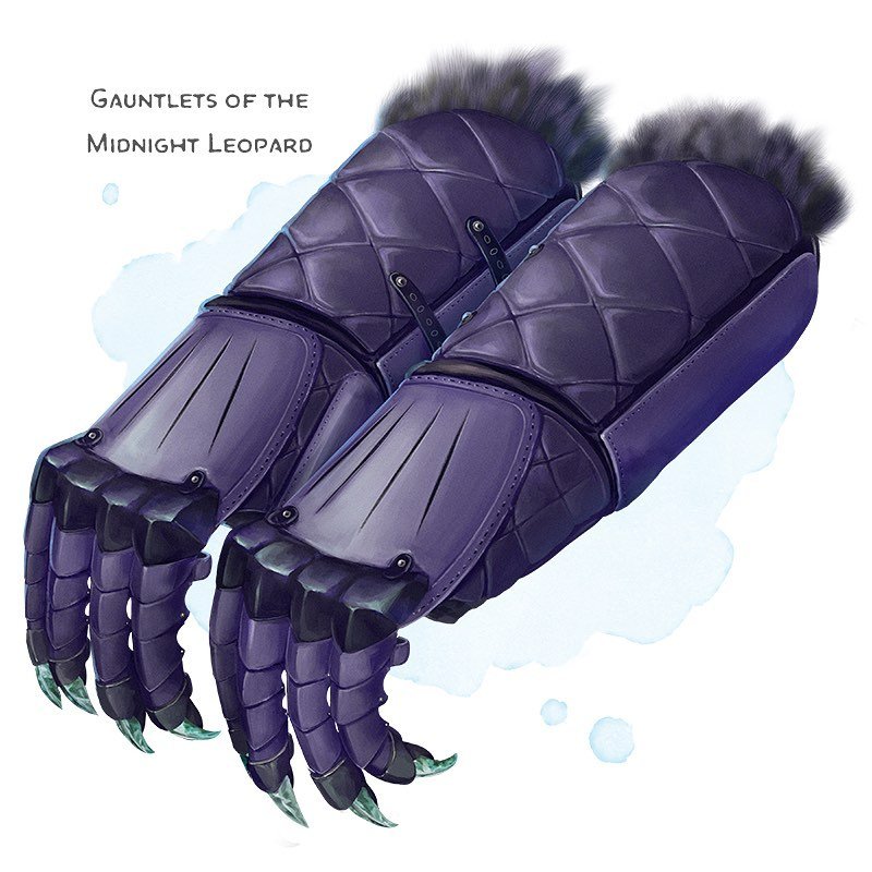 ⚔️ 𝗡𝗲𝘄 𝗶𝘁𝗲𝗺!
Gauntlets of the Midnight Leopard Wondrous item, rare (requires attunement)
___

These dark purple leather gloves are lined with a matching leopard&rsquo;s fur. While wearing them, your eyes shimmer in the dark, like a cat&rsquo;s