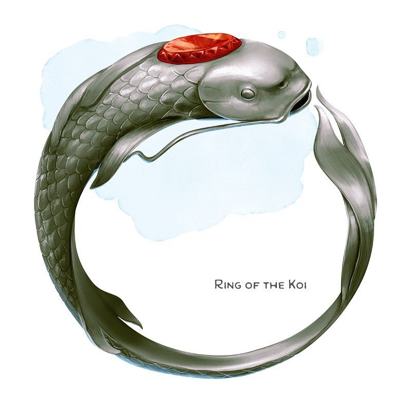 💎 𝗡𝗲𝘄 𝗶𝘁𝗲𝗺!
Ring of the Koi Ring, rare
___

While wearing this ring, you can breathe underwater, and you have a swimming speed equal to your walking speed. In addition, you can swim up waterfalls; doing so costs 2 feet of movement for every 1