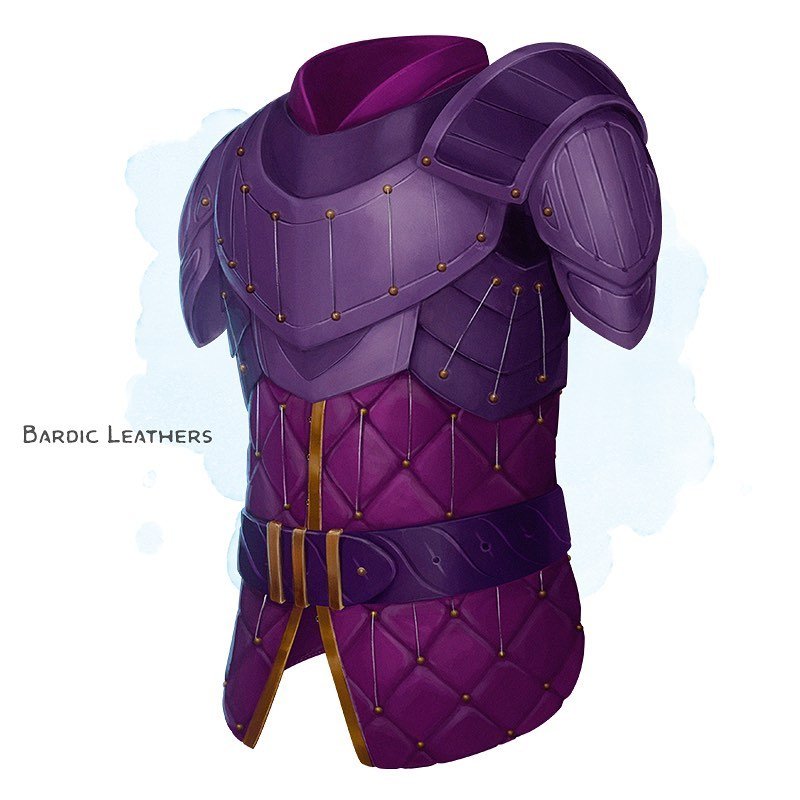 🛡 𝗡𝗲𝘄 𝗶𝘁𝗲𝗺!
Bardic Leathers Armor (studded leather), very rare (requires attunement by a bard)
___

This armor has strands of spun mithral strung between its various studs, adding extra protection and allowing you to play it like a worn instr
