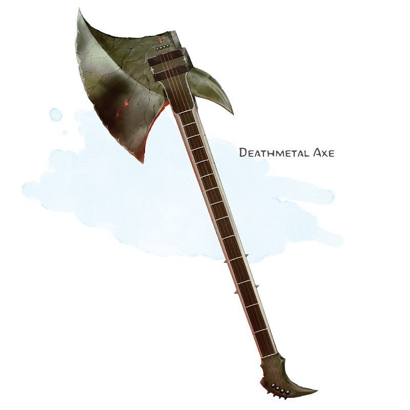 ⚔️ 𝗡𝗲𝘄 𝗶𝘁𝗲𝗺!
Deathmetal Axe Weapon (greataxe), very rare (requires attunement)
___

This adamantine axe is covered in narrow cracks, which periodically erupt with harmless, magical flame. Along its haft are four strings: plucking a string crea