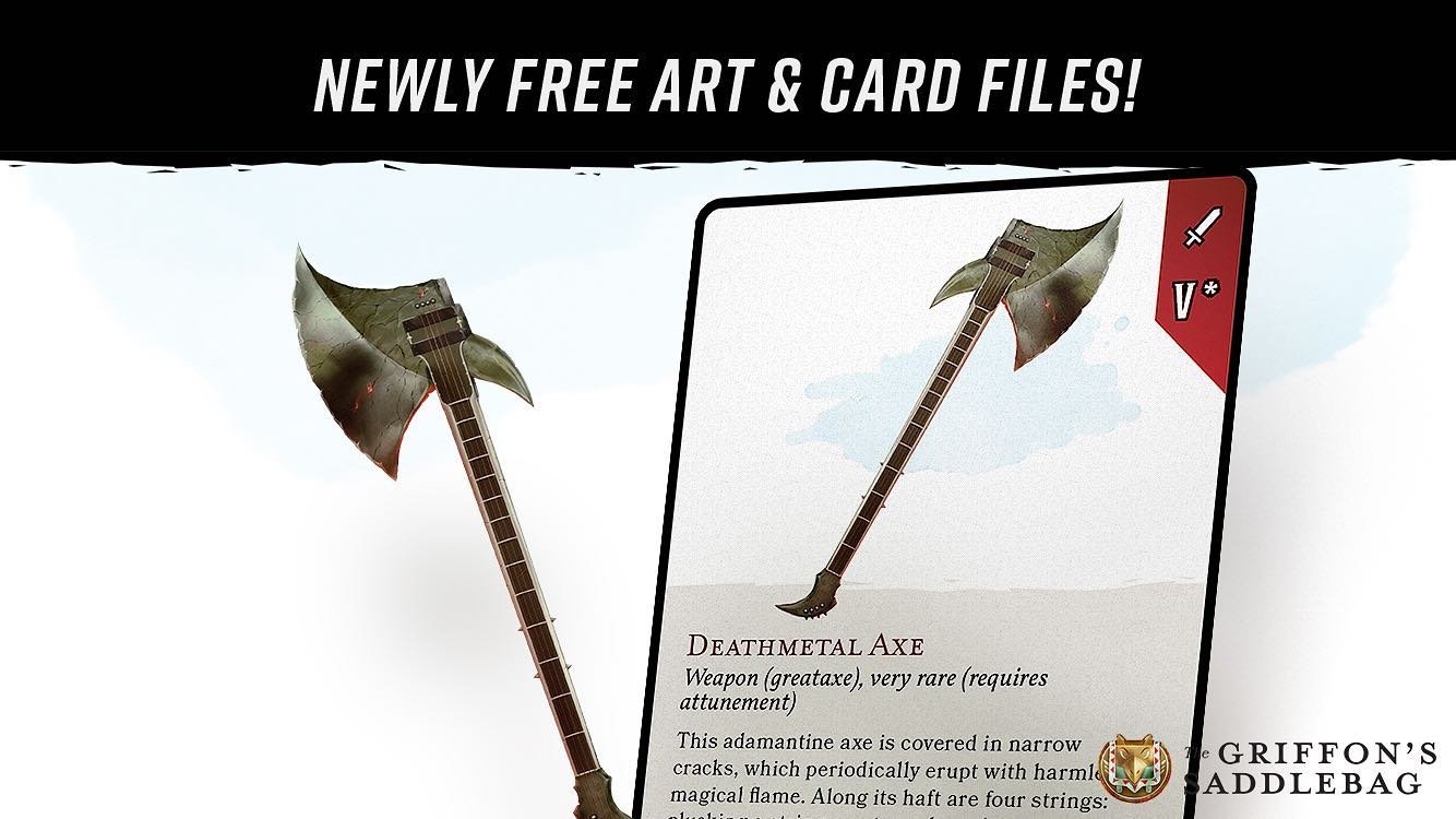 🎁 The Deathmetal Axe&rsquo;s art and card files are now free!*⁠
⁠
Tap on the link in today&rsquo;s Story by tapping on the Saddlebag icon to get your copies of this item&rsquo;s art and ready-to-use card files!⁠ Its entry is now also freely availabl