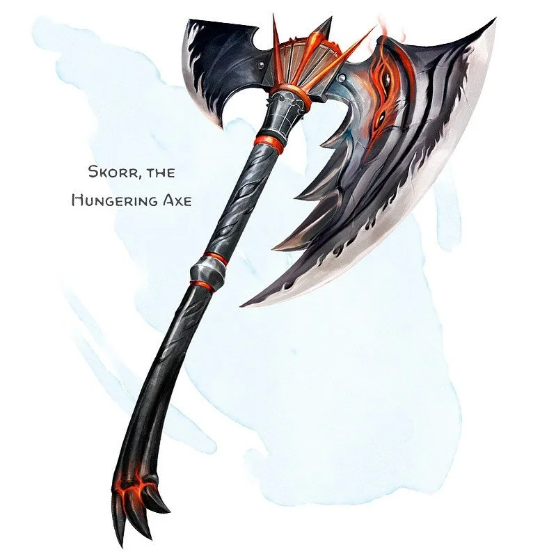 ⚔️ 𝗡𝗲𝘄 𝗶𝘁𝗲𝗺!
Skorr, The Hungering Axe Weapon (greataxe), artifact (requires attunement)
___

This mighty axe bites and tears at creatures it hits. Black, metallic eyes wrap around the haft and adorn its toothy blade. Whenever you hit a living 