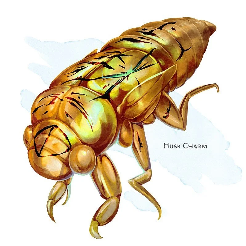 💎 𝗡𝗲𝘄 𝗶𝘁𝗲𝗺!
Husk Charm Wondrous item, uncommon
___

This golden cicada husk is inscribed with tiny arcane runes. You can use a bonus action to crush the husk, destroying it, and immediately gain 10 temporary hit points. When you do, you can a