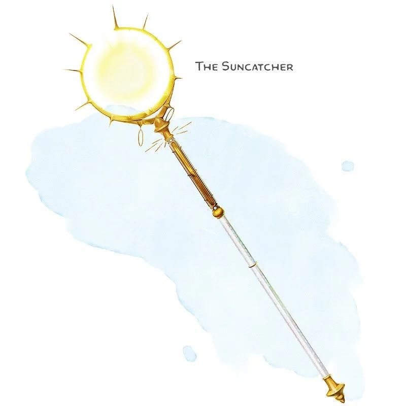 ⚔️ 𝗡𝗲𝘄 𝗶𝘁𝗲𝗺!
The Suncatcher Staff, artifact (requires attunement by a cleric, druid, sorcerer, or wizard)
___

The head of this staff resembles a mancatcher, but its spikes are directed outwards. Its metal is always warm to the touch, as if it