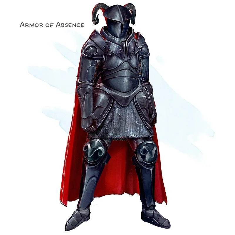 🛡 𝗡𝗲𝘄 𝗶𝘁𝗲𝗺!
Armor of Absence Armor (plate), artifact (requires attunement)
___

This dark armor is covered in glinting, abjurative runes. Touching its metal without being attuned to it bestows a feeling of detached and cold emptiness. You gai