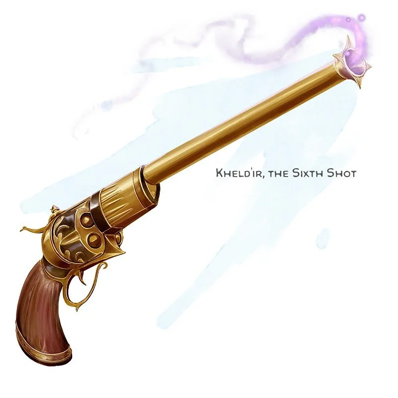 ⚔️ 𝗡𝗲𝘄 𝗶𝘁𝗲𝗺!
Kheld&rsquo;ir, the Sixth Shot Weapon (pistol), artifact (requires attunement)
___

This weapon has only recently become an artifact. Its original owner, Cheylara, was a bounty hunter of legendary renown. Her prized firearm, a six