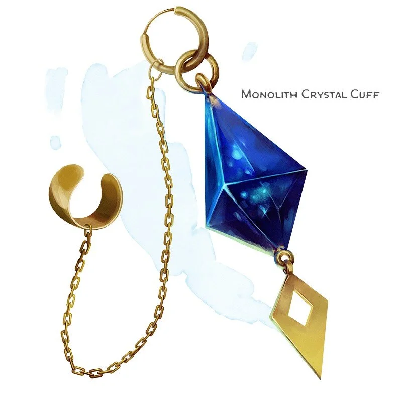 💎 𝗡𝗲𝘄 𝗶𝘁𝗲𝗺!
Monolith Crystal Cuff Wondrous item, very rare (requires attunement)
___

This ear cuff is complemented by a dangling, polished crystal. The crystal is from the Monolith, a stone of immeasurable power and size, and said to have be