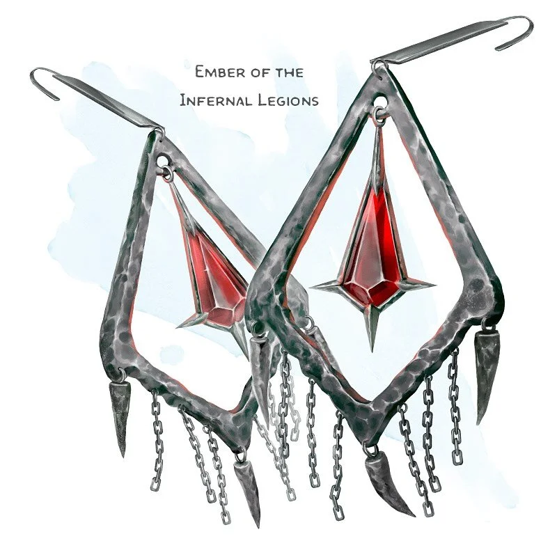 💎 𝗡𝗲𝘄 𝗶𝘁𝗲𝗺!
Ember of the Infernal Legions Wondrous item, very rare (requires attunement)
___

A red gemstone rests at the center of each of these dark earrings, and tiny chains swing from their bottoms. While wearing both earrings, you have r