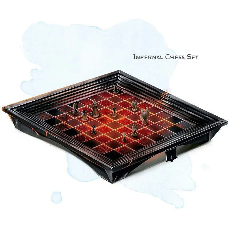 💎 𝗡𝗲𝘄 𝗶𝘁𝗲𝗺!
Infernal Chess Set Wondrous item, legendary
___

This obsidian chess set can fold in half for storage and weighs 10 pounds. The sides are stepped, as if the board were centered in an arena. A tiefling or fiend using this chess set