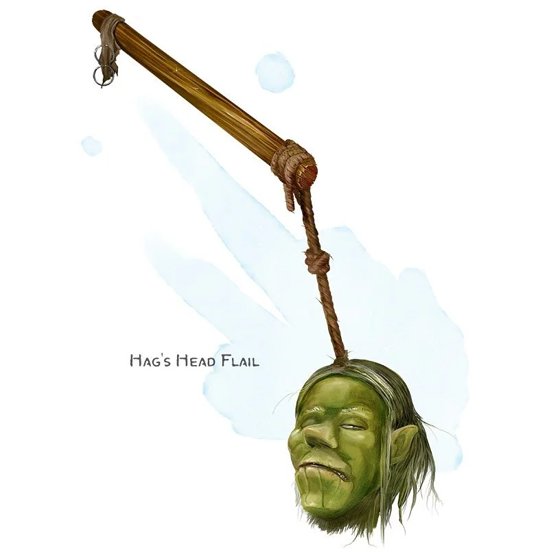 ⚔️ 𝗡𝗲𝘄 𝗶𝘁𝗲𝗺!
Hag&rsquo;s Head Flail Weapon, rare
___

A withered hag&rsquo;s head hangs at the end of this magic flail. On a hit, it deals necrotic damage instead of its normal type. A creature hit with the head then suffers the effects of the