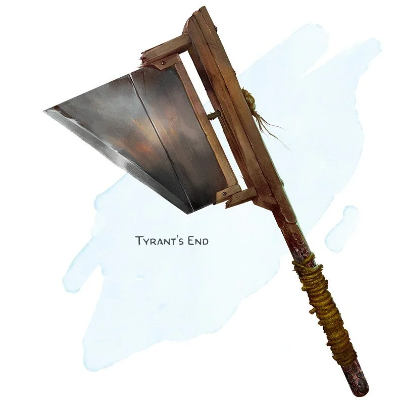 ⚔️ 𝗡𝗲𝘄 𝗶𝘁𝗲𝗺!
🗣️ Griff here: just a reminder that this was designed over a week ago, and its scheduled posting day here is entirely circumstantial.

Tyrant&rsquo;s End Weapon (greataxe), legendary (requires attunement)
___

This blade is a gri