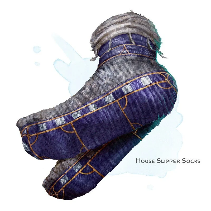 💎 𝗡𝗲𝘄 𝗶𝘁𝗲𝗺!
House Slipper Socks Wondrous item, common
___

While wearing these knitted socks, you can use an action to wipe your shoes off (as if on an entry mat). When you do, your shoes, socks, and feet are magically cleaned, dried, and fre