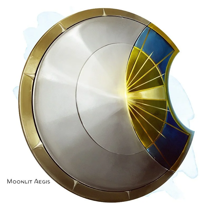 🛡 𝗡𝗲𝘄 𝗶𝘁𝗲𝗺!
Moonlit Aegis Armor (shield), rare (requires attunement by a spellcaster)
___

This magic shield glows softly under moonlight. While you&rsquo;re attuned to it, you know the &ldquo;moonbeam&rdquo;&nbsp;spell, which doesn&rsquo;t c