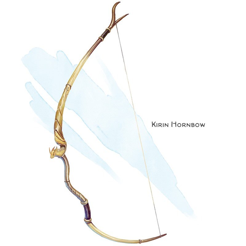⚔️ 𝗡𝗲𝘄 𝗶𝘁𝗲𝗺!
Kirin Hornbow Weapon (longbow), very rare
___

This bow is made from elements of a radiant horn and is strung with a fine braid of unicorn hair. You gain a +1 bonus to attack and damage rolls made with this magic weapon.

The weap