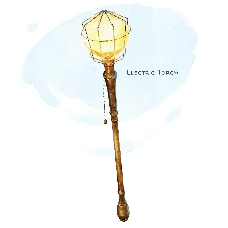 💎 𝗡𝗲𝘄 𝗶𝘁𝗲𝗺!
Electric Torch Wondrous item, common
___

This brass pipe features a warm, glowing vestibule at its end, and its brass fixtures are polished to a golden finish on the handle. You can use a bonus action while holding the torch to p