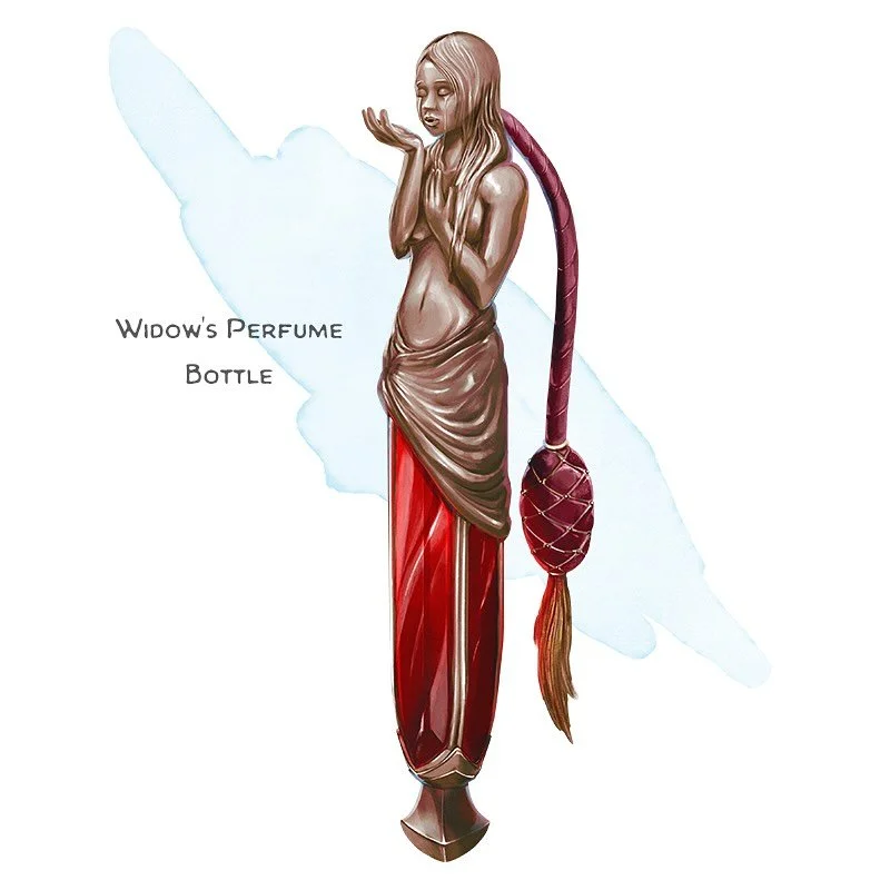 💎 𝗡𝗲𝘄 𝗶𝘁𝗲𝗺!
Widow&rsquo;s Perfume Bottle Wondrous item, uncommon
___

This empty perfume bottle can hold 1 ounce of liquid. While holding the bottle, you can use an action to spray the entirety of its contents at a creature within 5 feet of y