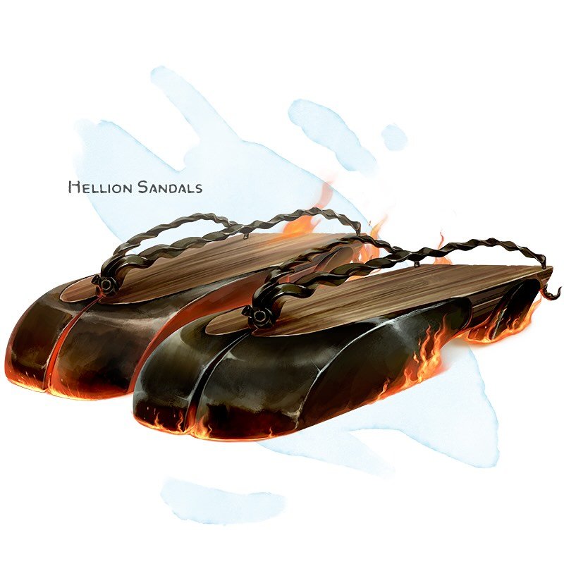 💎 𝗡𝗲𝘄 𝗶𝘁𝗲𝗺!
Hellion Sandals Wondrous item, very rare (requires attunement)
___

These wooden sandals have a split toe, ending in a cloven hoof. To attune to the sandals, you must be wearing them for the entire attunement period. Afterward, yo