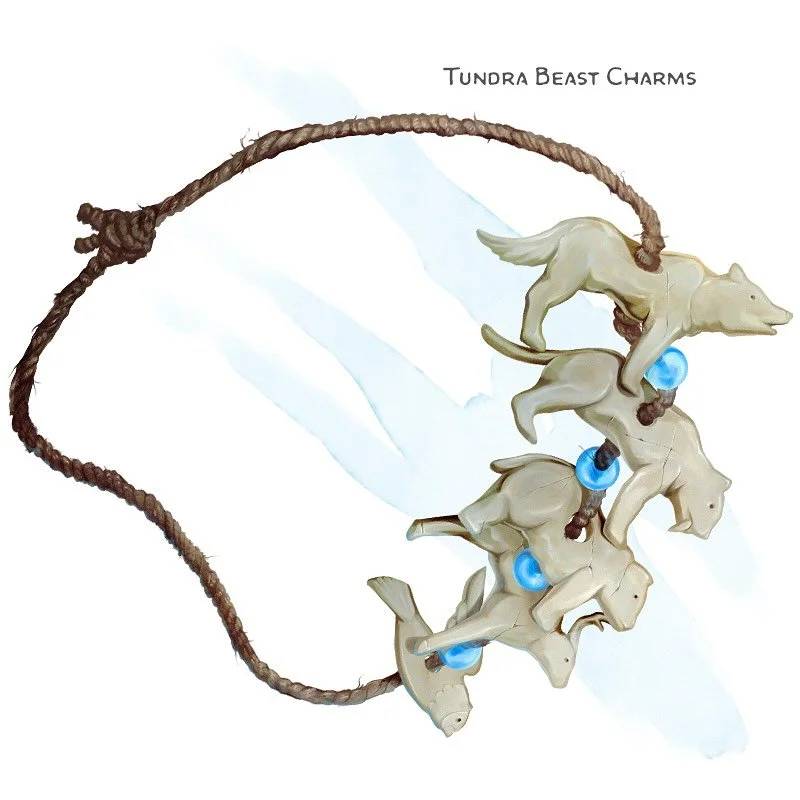 💎 𝗡𝗲𝘄 𝗶𝘁𝗲𝗺!
Tundra Beast Charms Wondrous item, rare
___

This string of carved bone figurines depicts five classic beasts found in the icy winter tundra. It has 4 charges and regains 1d4 expended charges daily at dawn. As an action, you can s
