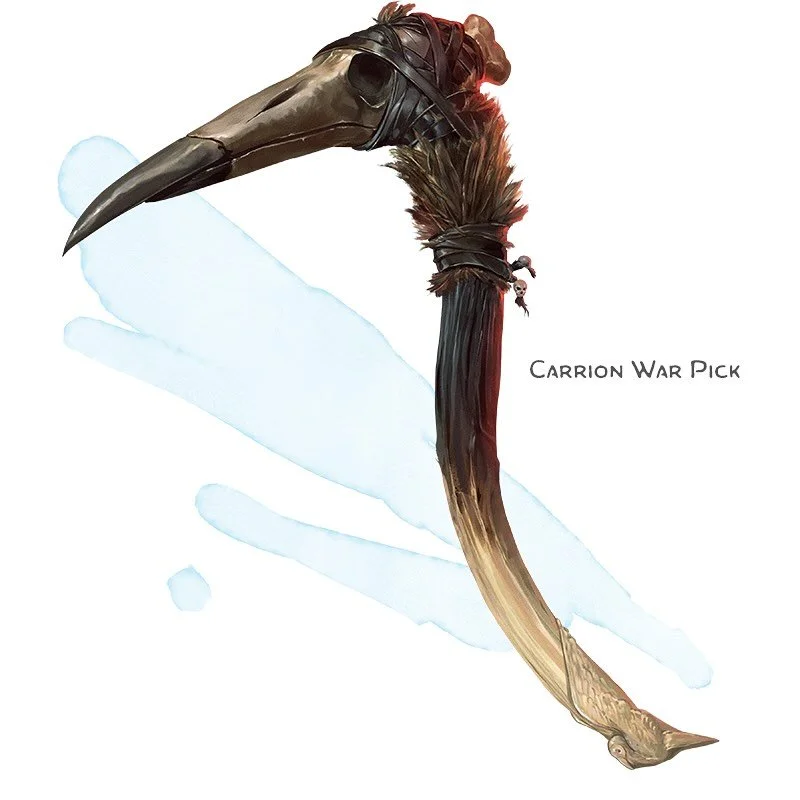 ⚔️ 𝗡𝗲𝘄 𝗶𝘁𝗲𝗺!
Carrion War Pick Weapon (war pick), uncommon
___

If you hit a creature that is missing any of its hit points using this magic weapon, its damage die becomes a d10 for the attack, and it deals necrotic damage instead of piercing. 