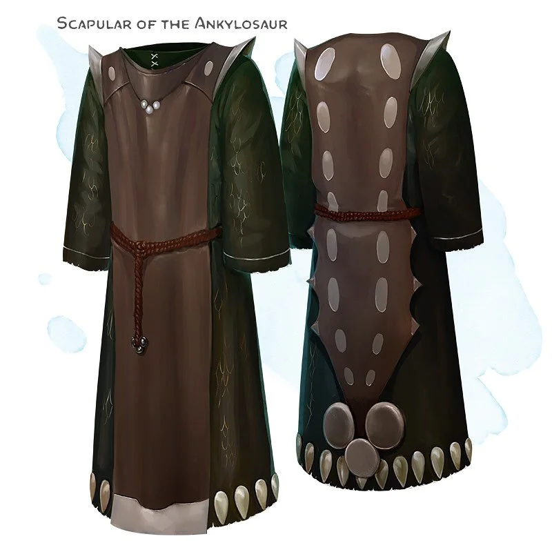 💎 𝗡𝗲𝘄 𝗶𝘁𝗲𝗺!
Scapular of the Ankylosaur Wondrous item, rare
___

This thick monastic scapular is dense and weighty, like a heavy leather apron. While wearing it, you have a base AC of 14 + your Dexterity modifier (to a maximum of +2). You can&