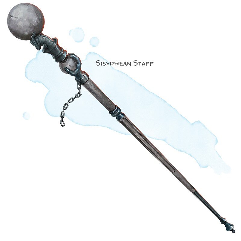 💎 𝗡𝗲𝘄 𝗶𝘁𝗲𝗺!
Sisyphean Staff Staff, very rare (requires attunement by a spellcaster)
___

This stone and iron staff depicts a man burdened with boulders and punishment. Despite its material, it only weighs 6 pounds. While holding the staff, yo