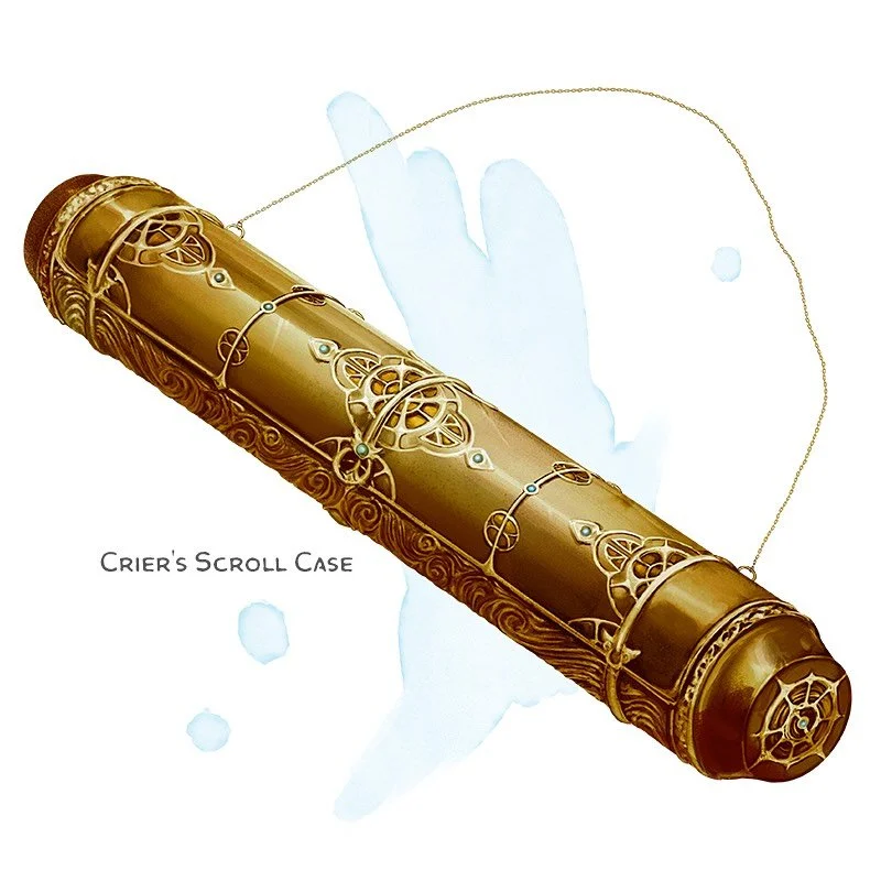 💎 𝗡𝗲𝘄 𝗶𝘁𝗲𝗺!
Crier&rsquo;s Scroll Case Wondrous item, uncommon (requires attunement)
___

Up to ten scrolls can fit within this magic scroll case, which always weighs 2 pounds. While the scroll case is on your person, you can read from a scrol