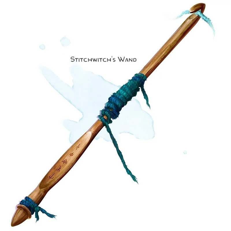 💎 𝗡𝗲𝘄 𝗶𝘁𝗲𝗺!
Stitchwitch&rsquo;s Wand Wand, rare
___

This peculiar crochet hook is actually a wand cherished by a matronly witch. It also functions as a set of weaver&rsquo;s tools and creates its own yarn while crocheting or knitting with it